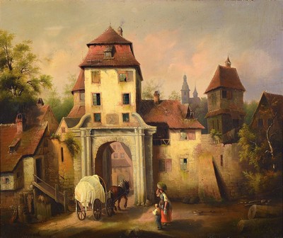 J. Neppach, datiert 1854, Pferdefuhrwerk vor dem Stadttor, seitlich eine Bäuerin mit Kind, Öl/Lwd, links unten signiert und datiert, rückseitig ...