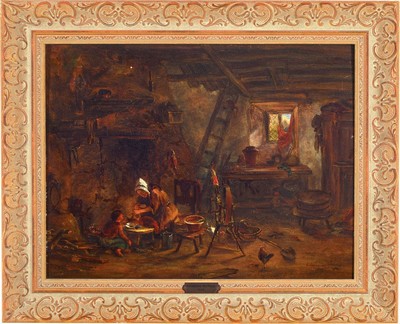 Katherine Raymond, datiert 1849, Bäuerliches Interieur mit Mutter und Kind in der Küche, Öl/Holz, restauriert, rechts unten signiert und datiert, ...