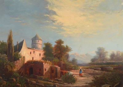 Unbekannter Maler der Spätromantik, um 1860, Weite Landschaft im Vorgebirge, links ein Gebäude, rechts eine Frau auf dem Weg, Öl/Lwd, mit mehreren ...