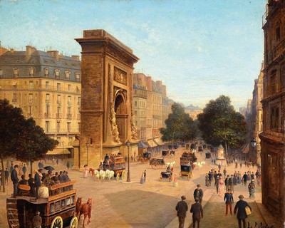 L. Lefevre, Maler um 1880, Porte St. Denis Paris, reges Treiben auf den Straßen vor dem Tor, detailreiche Malerei mit großer Varianz in den Braun- ...