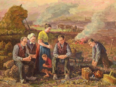 Gerrit Kwintenberg, 1914-1975, Dankdag voor het gewas (Danke für die Ernte), rückseitig so betitelt, Bauern beim Dankgebet bei der Kartoffelernte, ...
