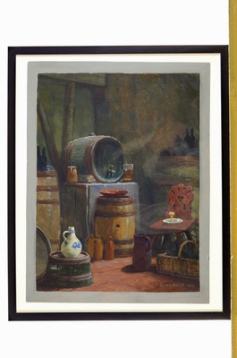 Gustav Ernst, 1858 Elsterberg-1945 Bad Dürkheim, Weinkeller-Interieur, gekonnte Beobachtung der Lichtwirkung an den verschiedenen Objekten wie dem ...