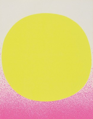 Rupprecht Geiger, 1908-2009, leuchtgelb kalt auf leuchtrot und weiß, Farbserigraphie, rückseitig signiert, Auflage 100 Exempl., ca. 20.6x16.2cm, R. ...
