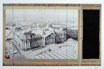 Christo, 1935 Gabrovo -2020 New York City, "Wrapped Reichstag (Project for Berlin)" (1994), Farboffset-Lithographie, Schumacher Edition ...