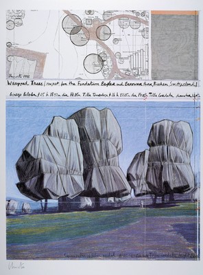 Christo, 1935 Gabrovo-2020 New York City, "Wrapped Trees (Project for the Foundation Beyeler and Berower Park, Riehen, Switzerland)" ...