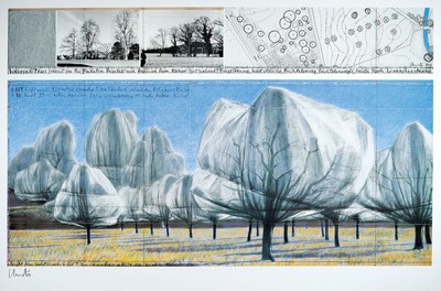 Christo, 1935 Gabrovo-2020 New York City, "Wrapped Trees (Project for Fondation Beyeler and Brower Park, Riehen, Switzerland)" ...