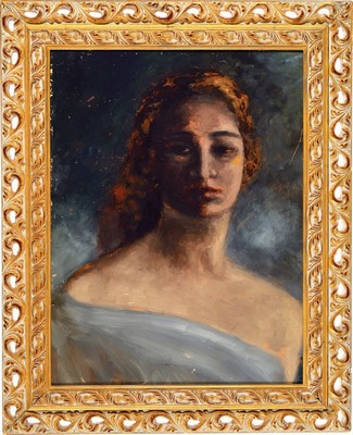 Unbekannter Künstler, Münchener Schule, um 1900, Porträt einer jungen Frau, Ölskizze auf Malkarton, unsigniert, ca. 49x38cm, R. ca. 62x51cm