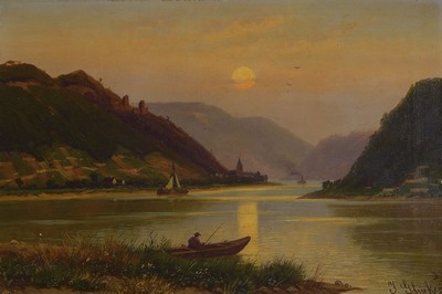 Johannes Glückert, 1868 Mainz-1921, Studium an der Akademie Karlsruhe, wirkte in Düsseldorf und im Taunus, hier: Landschaft am Rhein, Öl/Lwd, ...
