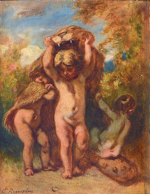 Camille Roqueplan, 1802-1855, Putti mit dem Löwenfell des Herakles spielend, am Boden Putti auf Keule sitzend, Öl/Holz, links unten signiert, ...