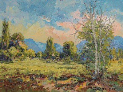 Heiner Deege, 1920 Haßloch-2007 ebenda, pfälzer Auenlandschaft, im Hintergrund die verblauenden Berge des Pfälzerwalds, pastoser, flirrender ...