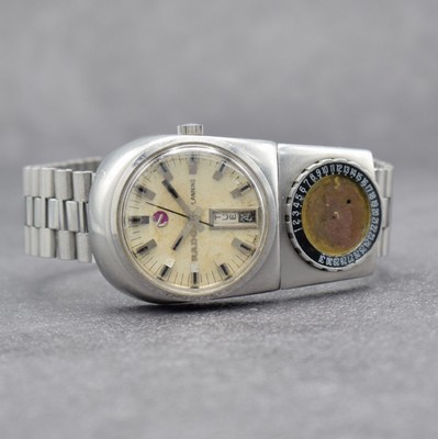 RADO Planning sehr seltene Herrenarmbanduhr mit Kalender Ref. 11800, Schweiz um 1970, Automatik, massives pultförmiges Gehäuse in Edelstahl, ...