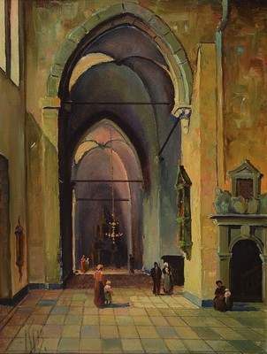 Monogrammist KPS, um 1920-30, Personen im Seitenschiff einer Kathedrale, Öl/Lwd, links unten monogr., ca. 35x26cm, R. ca. 45x36cm
