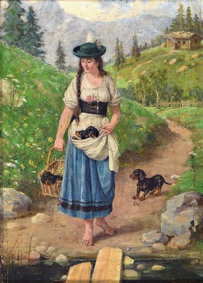 Toni Aron, 1859 Esseg/Kroatien-1920 Leipzig, Junge Frau mit Tracht in Gebirgslandschaft, neben ihr ein Dackel, im Korb und in der Schürze kleine ...