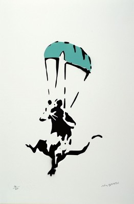 Banksy by Not Banksy, "Rat used face mask as Parachute, 2020, sign., dat., num. 14/20, ca. 56x38 cm, inkl. Zertifikat