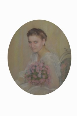 Hugo Figge von Grabow, 1881 - 1956 Berlin, jungen Frau mit Blumen, Pastell auf Papier, sehr feine Stofflichkeit, transparente duftige Darstellung des ...