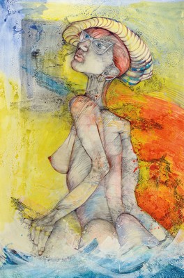 Held , zeitgenössischer Künstler, Mischtechnik auf Papier, surrealisierender Frauen-Akt, Signalfarbigkeit rechts unten signiert, ca. 90x60 cm, ...