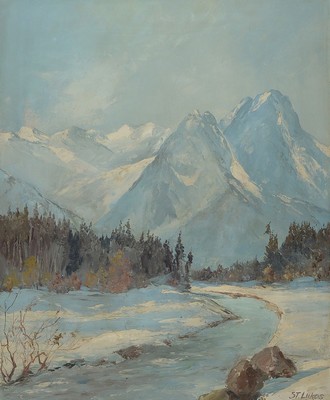 St. Lukas, deutscher Künstler des 20.Jh., Winterlandschaft, Blick auf die Waxensteine im Wettersteingebirge nahe Garmisch- Partenkirchen, ...
