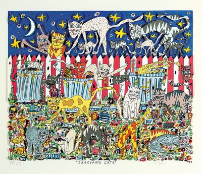 James Rizzi, 1950-2011, "JUNKYARD CATS", 3D-Konstruktion, handsign., num. 12/350, dat. 89, unter Glas gerahmt, gesamt ca. 59x62 cm