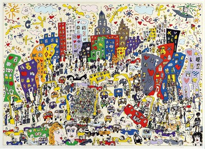 James Rizzi, 1950-2011, "Eastside, Westside, uptown, and down", Lithografie, handsign., num. 26/150, dat. 1978, unter Glas gerahmt, ca. ...