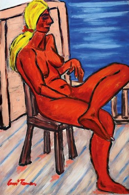 Ernst Fermen, geb. 1947 Hochneukirchen, expressionistischer Frauenakt auf rotem Grund,verso bez. "Sonnen auf dem Bootsdeck", Acryl/Lwd, ...