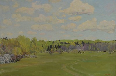 Leonid I. Rudnev, geb. 1938, Atudium am Kunst- u. Grafikkolleg Kursk u. am Kharkov Art Institute, Weidelandschaft bei Kursk (Russland), verso bez. ...