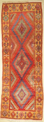 Antiker Konya mit seltener, safrangelber Bordüre, Türkei, 19 Jhd., Wolle geknüpft auf Wolle, ca.355 x 125 cm, EHZ: 3,(guter Zustand)