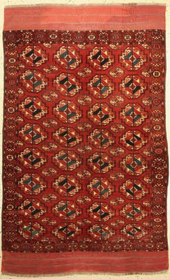 Feiner antiker Tekke, Turkmenistan, mitte 19 Jhd., Wolle geknüpft auf Wolle , mit Tschowal Göls, ca. 198 x 125 cm, EHZ:3(Altersbedingt guter ...
