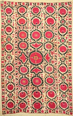 Buchara Susani antik, Uzbekistan, um 1900, Seidenstickerei auf Baumwollgewebe. ca. 250 x 160 cm, EHZ:2-3, aufwändige Handarbeit.