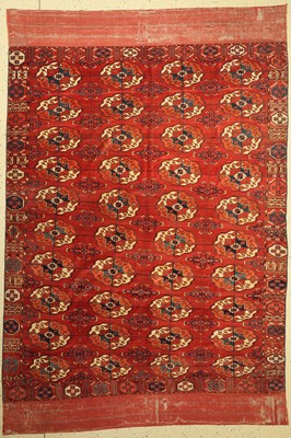 Antiker feiner Tekke, Hauptteppich, Turkmenistan, mitte 19 Jhd., Wolle geknüpft auf Wolle, mit klassichen Tekke Göls, ca, 297 x 200 cm, ...
