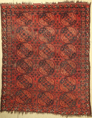 Antiker Ersari Hauptteppich, Turkmenistan, mitte 19 Jhd., Wolle geknüpft auf Wolle, mit Gülli-Göls, ca, 300 x 233 cm, EHZ:(Altersbedingter ...