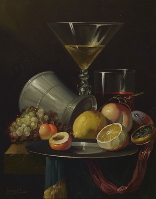 Jose Vigo Espuig Benarroch, geb. 1947, Stillleben mit Gläsern und Obst im Stil der alten Meister, feine detailreiche lasierende Malerei, signiert, ...
