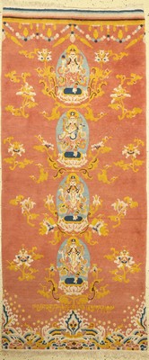 Ning-Hsia Säulenteppich, China, 20 Jhd., Wolle geknüpft auf Baumwolle, ca. 230 x 100 cm, EHZ: 2(guter Zustand), Darstellung von 4 Gottheiten.