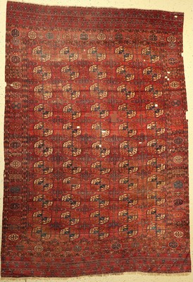 Tekke Hauptteppich antik, Turkmenistan, mitte 19 Jhd., Wolle geknüpft auf Wolle, mit Tekke Göls und Tschemtsche Sekundärmotiven, ca, 317 x 217 ...