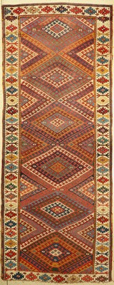 Antiker Saujbulagh, Persien, um 1900, Wolle geknüpft auf Wolle, ca, 344 x 138 cm, EHZ:3 (Altersbedingt guter Zustand)