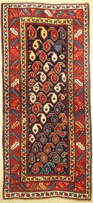 Schuscha Karabagh antik, Südkaukasus, 19 Jhd, Wolle geknüpft auf Wolle, mit Boteh Muster auf Blauen Fond,. ca, 270 x 123 cm, EHZ:2 (Sehr guter ...