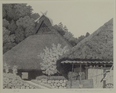 T. Ryukiu, japanischer Künstler des 20.Jh., Radierung, Darstellung eines japanischen Bauernhauses mit Riedgras- bzw. Schilf gedecktem Walmdach, ...