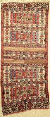 Antiker Konya Kelim, Zentralanatolien,Türkei, 19 Jhd., Wolle gewebtauf Wolle, ca. 344 x 146 cm, (Zweibahnig), EHZ: 3(Altersbedingt guter Zustand)
