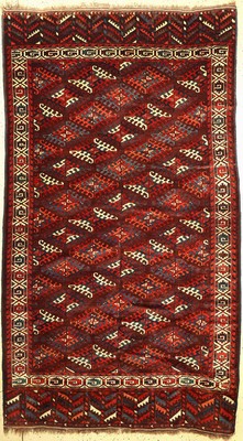 Antiker Jomuth Hauptteppich, Turkmenistan, 19 Jhd., Wolle geknüpft auf Wolle, Dyrnak-Göls, Rollblatt Bordüre, Baum Schürze, ca, 300 x 173 cm, ...