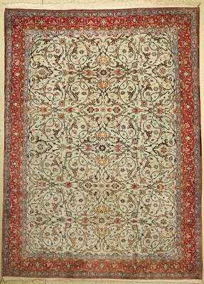 Grüngrundiger feiner Ghom Kork, Persien, um 1930/1940, Korkwolle geknüpft auf Baumwolle ca. 318 x 234 cm, EHZ:2 (Sehr guter Zustand)