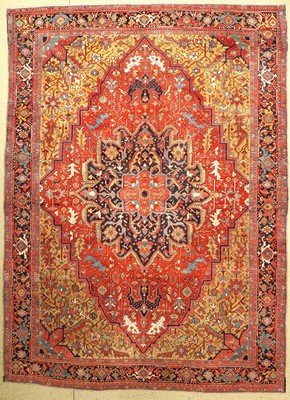 Antiker Heriz, Nordwestpersien, um 1900, Wolle geknüpft auf Baumwolle, Seltene Farbkombination mit grünen Ecknischen, ca. 375 x 275 cm, ...