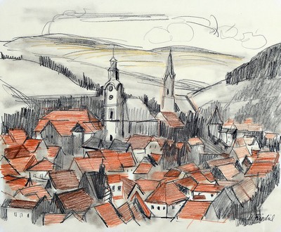 Heinz Friedrich, 1924-2018 Schwetzingen, Ansicht von Obermoschel, Buntstiftzeichnung, sign., ca. 30x36cm, u.Gl., R. ca. 44x54cm