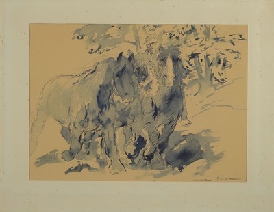 Otto Dill, 1884 Neustadt-1957 Bad Dürkheim, Bauer mit drei Pferden, aquarellierte Tuschfederzeichnung auf Papier, rechts unten signiert, ca. ...