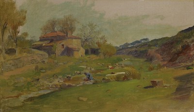 Unbekannter Künstler, um 1900, Wäscherinnen am Fluss, Öl/Malkarton, ca. 23x39cm, R. ca. 34x50cm