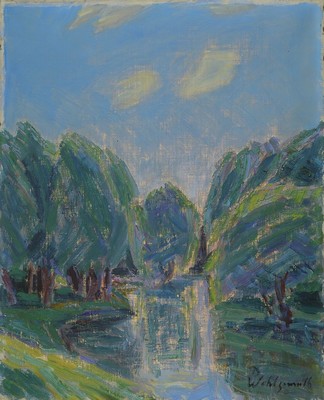 Daniel Wohlgemuth, 1876 Albisheim-1967 Gundersheim, Wasser und Weiden (Heisser Mittag am Altrhein), rückseitig so betitelt, Öl/Lwd, signiert, ca. ...