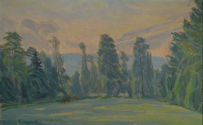 Daniel Wohlgemuth, 1876 Albisheim-1967 Gundersheim, Rehe am Waldrand, Öl/Lwd, links unten signiert, rückseitig betitelt Morgenfrühe, ca. 50x80cm, ...