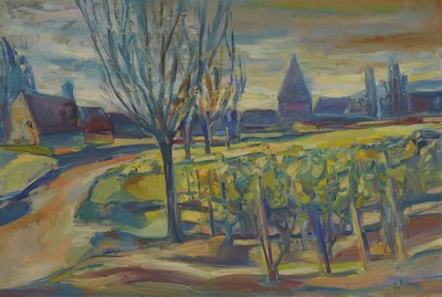 Erich Schug, 1906 Ludwigshafen-1982 Bad Dürkheim, Landschaft mit "Wingert" im Vordergrund, Öl/Hartfaser, signiert, ca. 55x80cm, R. ca. ...