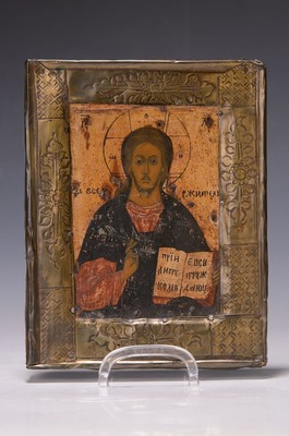 Ikone, Russland, um 1900, Christus Pantokrator, Tempera auf Holz, geprägter Messingrand, ca. 18x14cm