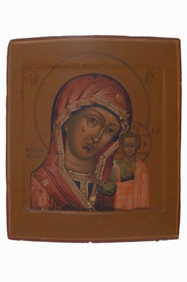 Ikone, Russland, 2. Hälfte 19. Jh., Gottesmutter von Kazan, Tempera auf Holz, vertieftes Mittelfeld, rest., ca. 31x26cm
