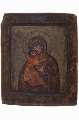 Ikone, Russland, 2. Hälfte 19. Jh., Gottesmutter mit Kind, Tempera auf Holz, vertieftes Mittelfeld, ca. 31x26cm