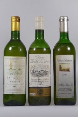21 Flaschen Bordeaux blanc: 17 Fl. 1991 La Bréche, Bordeaux, sec, 75 cl, top shoulder bis into neck, 3 Fl. 1990 Ch. Busqueyron, mid shoulder, 75cl, ...